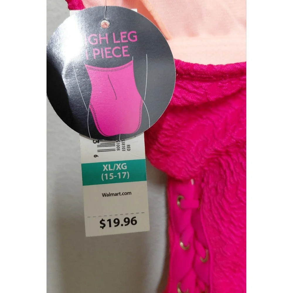 No Boundaries Women's XL 15-17 Pink High Leg One Piece Swimsuit Lace Up NWT